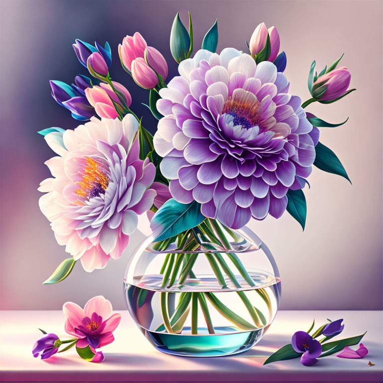 Colorful digital artwork: Purple flowers in glass vase on soft purple backdrop