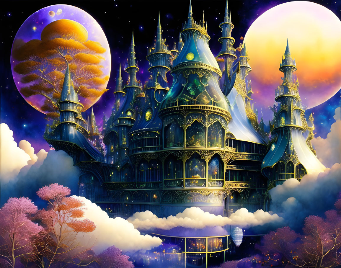 Intricate castle towers in dual-moonlit sky