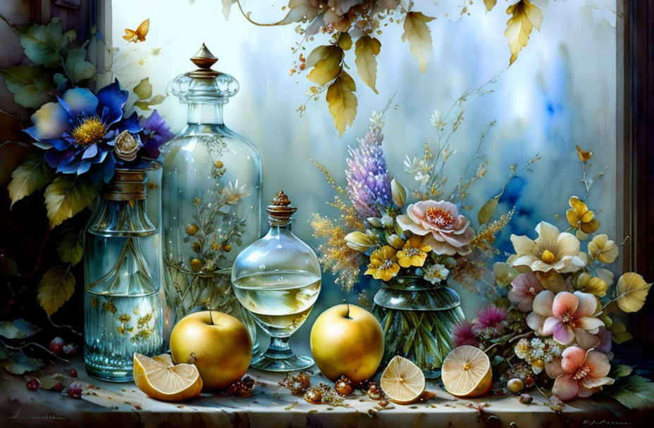 Translucent glass bottles, vibrant flowers, apples, and autumn leaves in still life painting