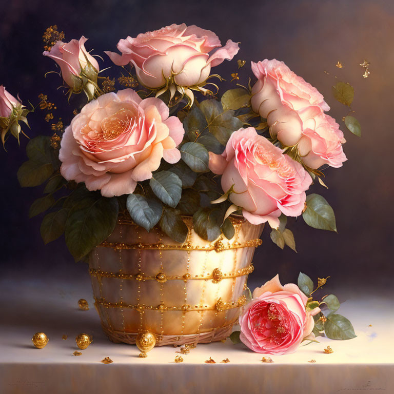 Pink Roses Bouquet in Golden Vase Still Life Painting