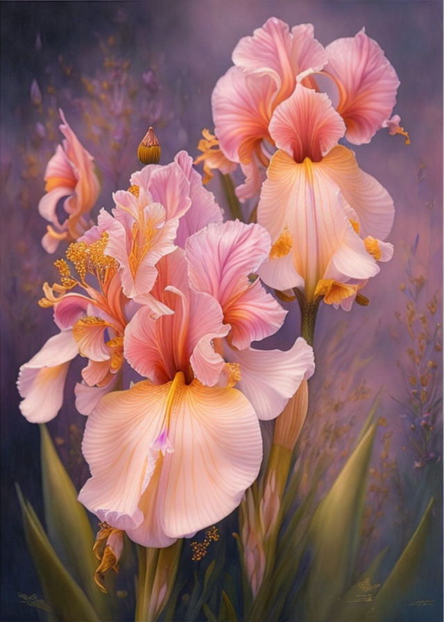 Detailed Pink Irises on Muted Purple Background