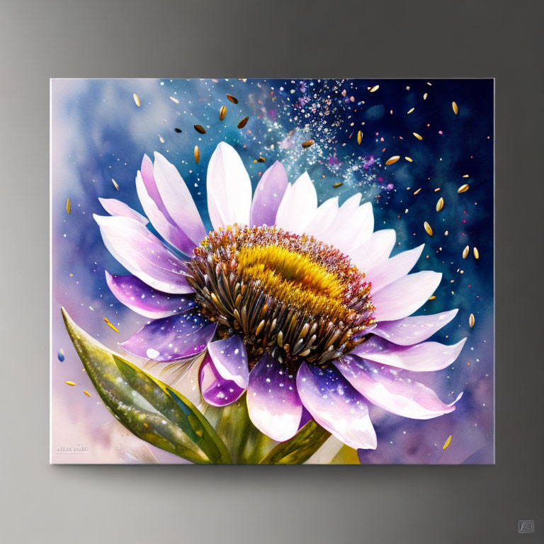 Colorful Flower Painting with Purple, White, and Yellow Details on Blue Background