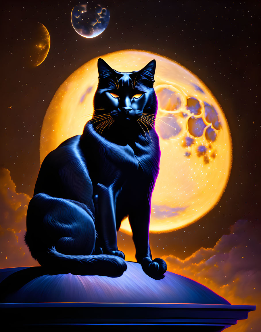 Black cat on dome under night sky with two moons and glowing fur