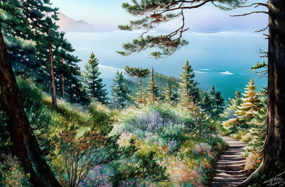 Tranquil forest pathway to blue sea through lush greenery