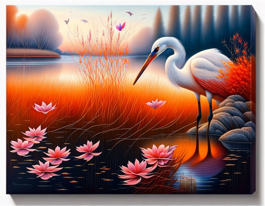 White heron by lake with lotus flowers and autumn foliage in vibrant painting