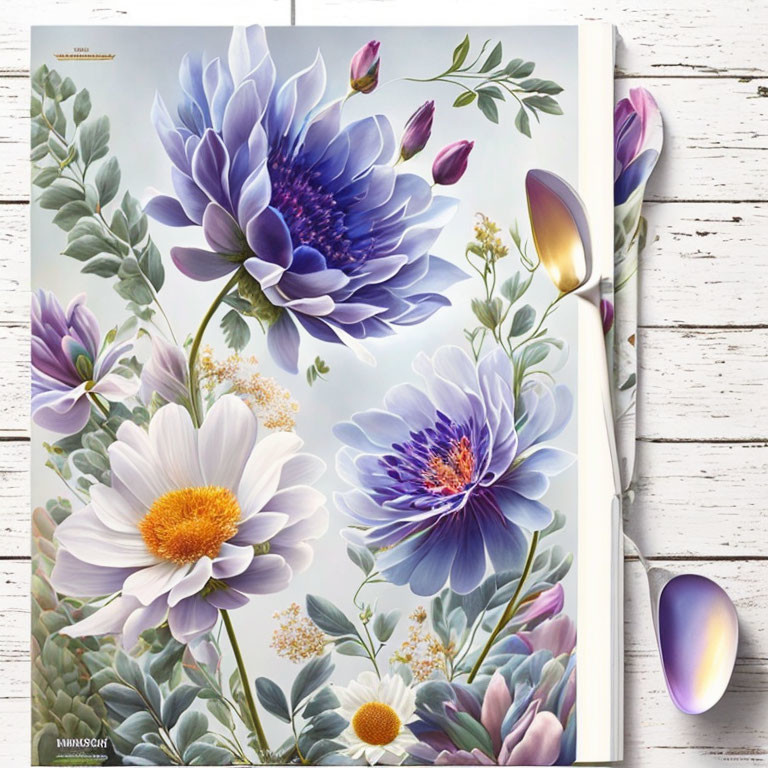 Vivid Purple and White Flower Illustration on Open Book with Silver Spoon