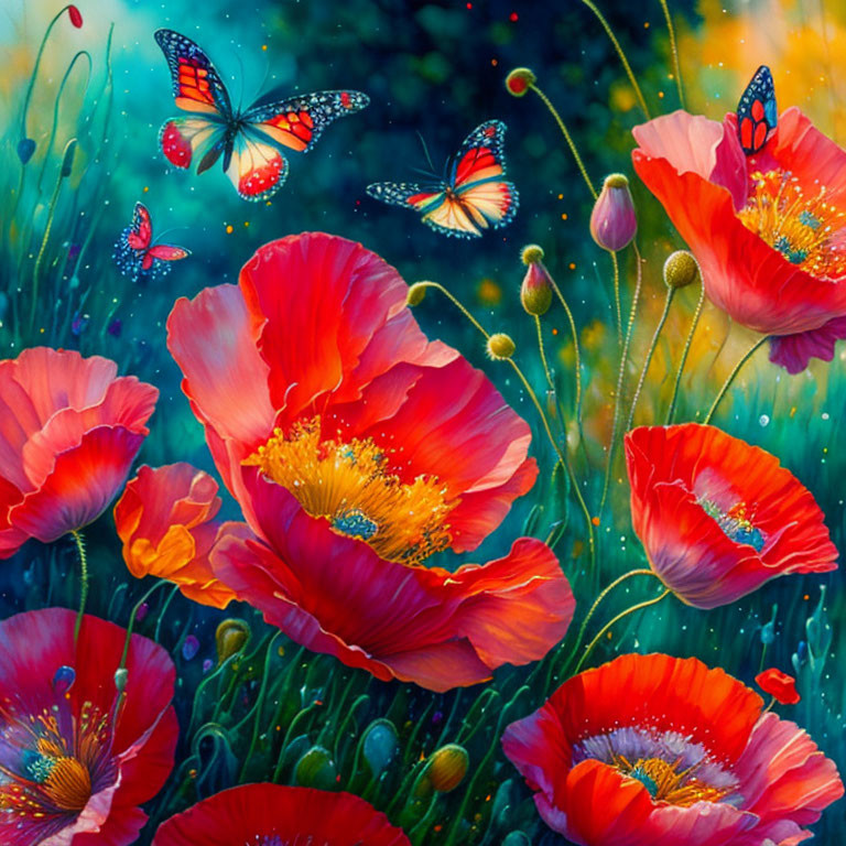 Colorful poppies and butterflies on a blue botanical backdrop