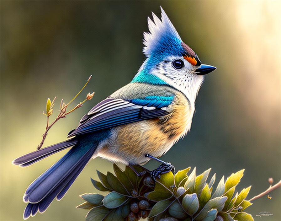 Colorful Bird Illustration Perched on Green Plant