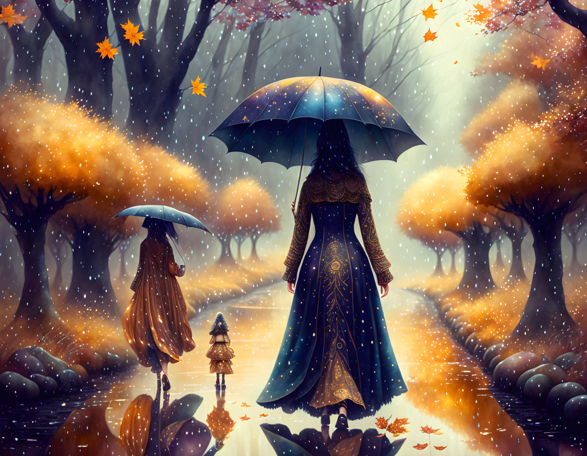 Silhouetted figures with umbrellas walking in autumn forest.