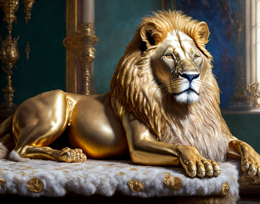 Regal anthropomorphized lion reclining on fur against classical backdrop