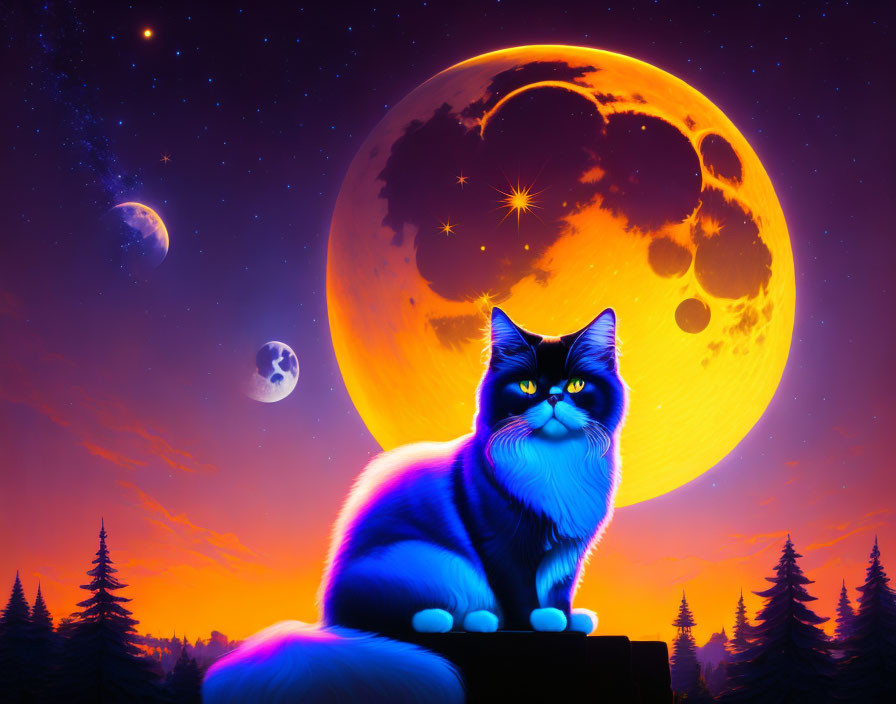 Majestic cat against vibrant sky with moon and stars