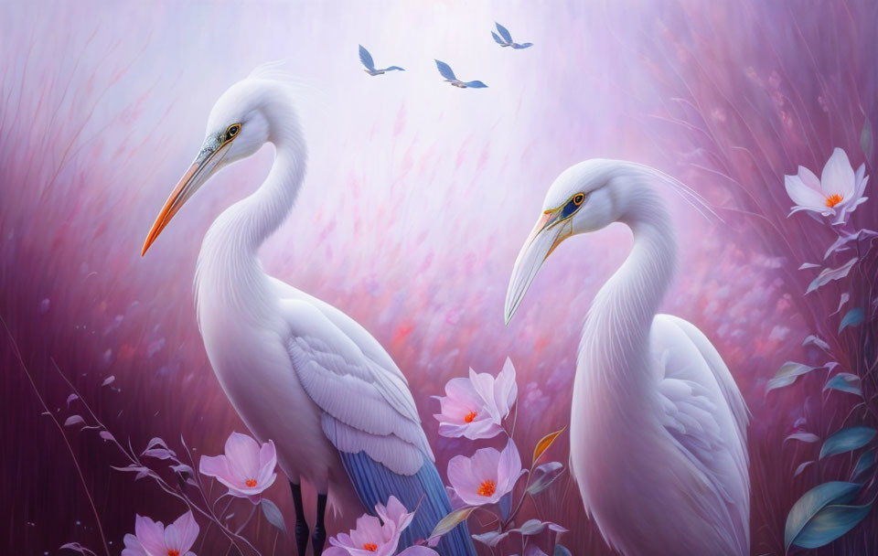 White herons in pink flower field with flying birds in purple landscape