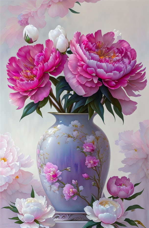 Pink and White Peonies in Vase on Soft Background - Detailed Petals and Blossoms