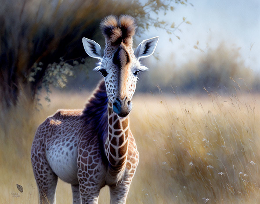 Young giraffe in sunlit field with tall grasses and soft-focus background