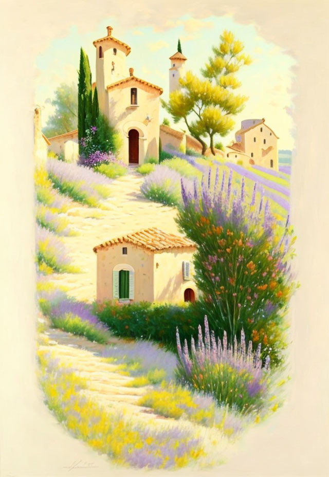 Sunlit landscape painting with villa, lavender fields, and trees