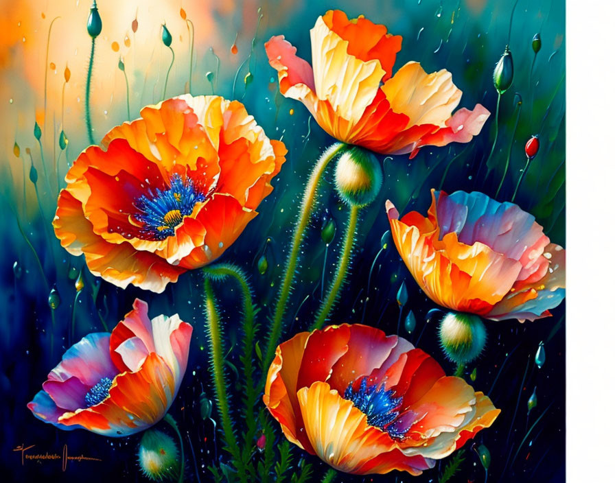 Colorful painting of orange and red poppies on dark blue-green background