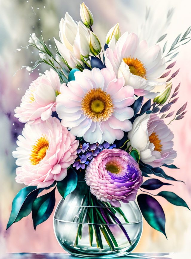 Pink and White Flower Bouquet in Clear Glass Vase on Multicolored Background