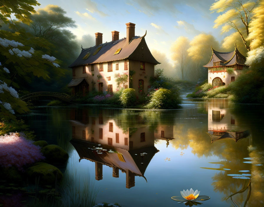 Serene lake cottage with tiled roof, lush trees, and lotus flower reflection