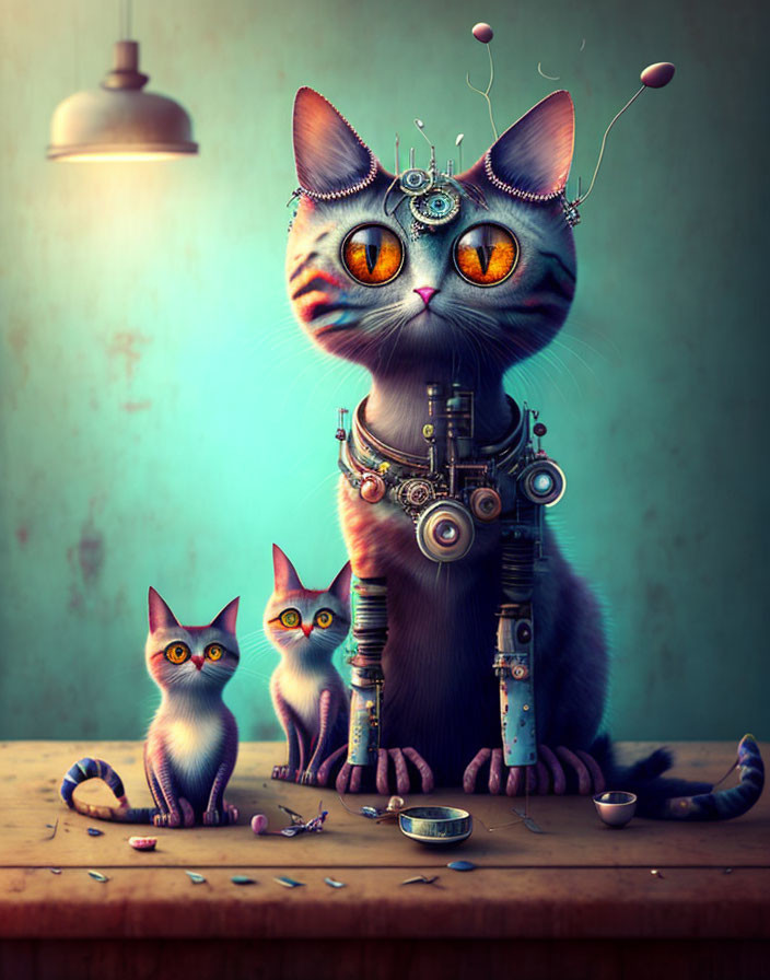 Whimsical steampunk robotic cat illustration with orange eyes and two smaller cats on wooden surface.