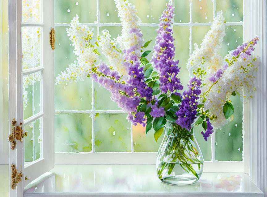 Purple and White Flower Bouquet in Clear Vase on Sunlit Windowsill