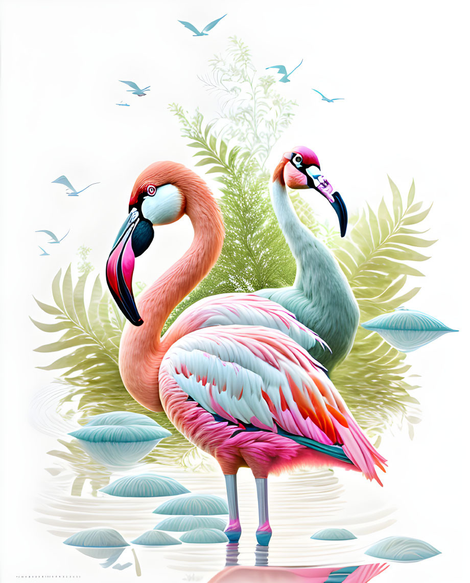 Vibrant flamingos in artistic pink and turquoise illustration