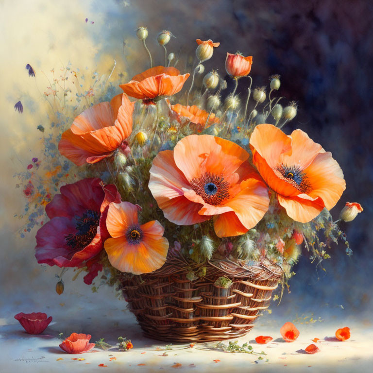 Colorful Poppy Still Life Painting in Wicker Basket