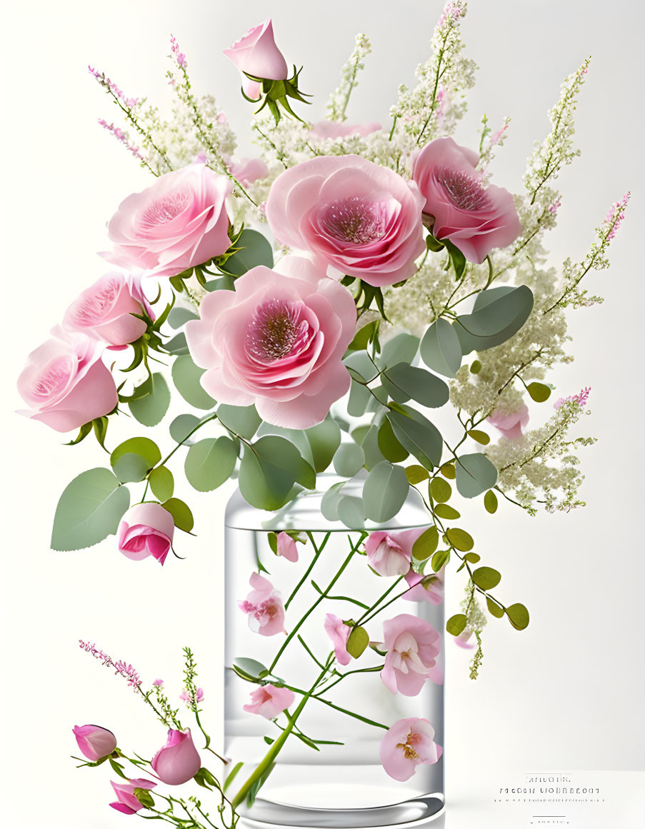 Pink roses, blush blossoms, baby's breath, and green foliage in clear glass vase on white