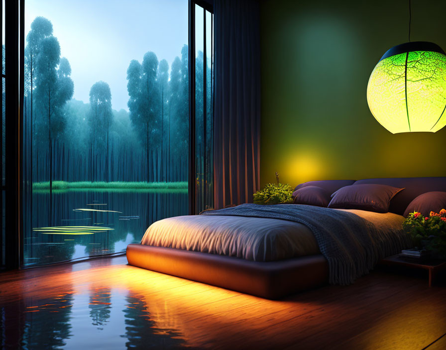 Tranquil bedroom with large window overlooking moonlit forest and lake