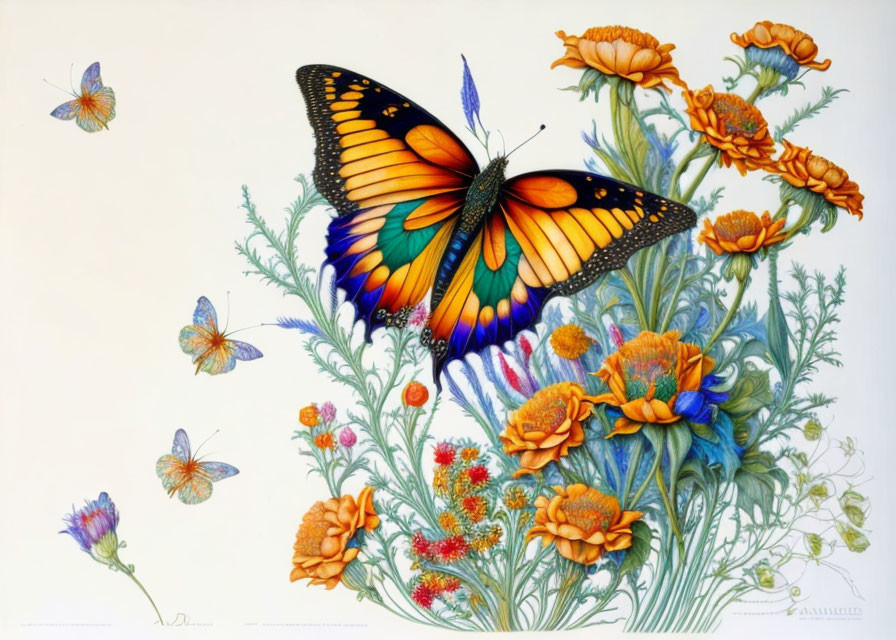 Colorful butterfly illustration perched on wildflowers