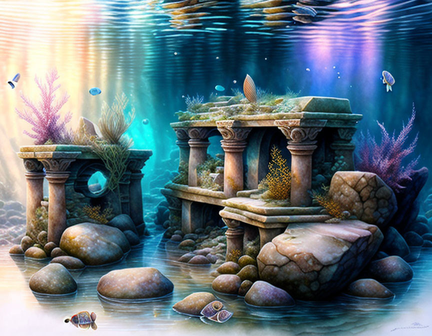 Underwater Scene: Ancient Ruins, Coral, Fish, Turtle in Clear Blue Waters