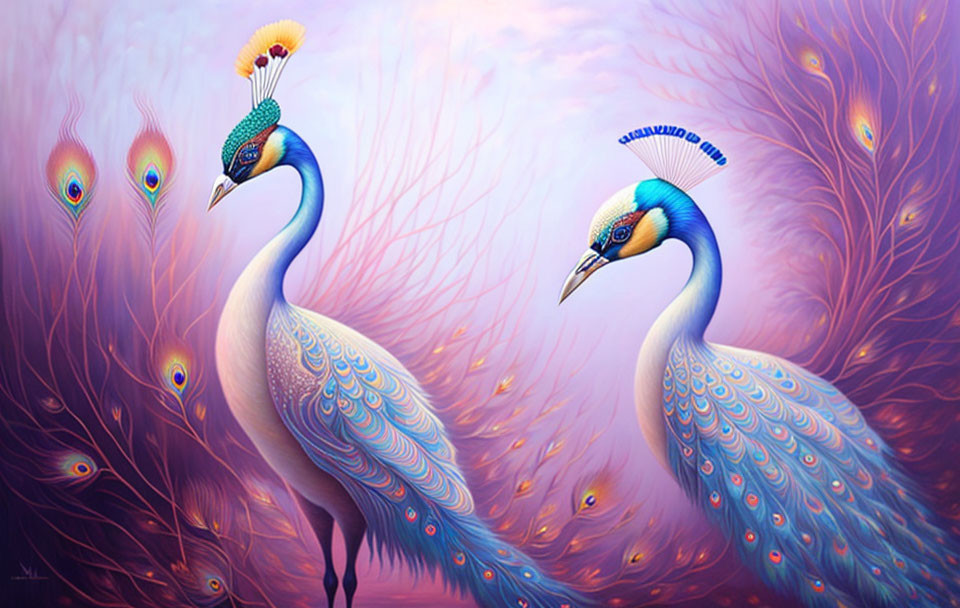 Stylized peacocks with vibrant blue plumage in dreamy purple setting