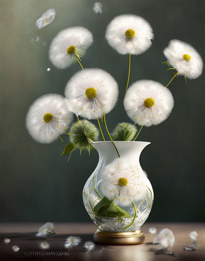 Realistic digital artwork: Dandelion seeds bouquet in white vase