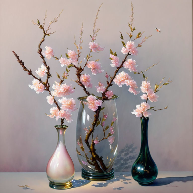 Pink Cherry Blossom Vases on Muted Background