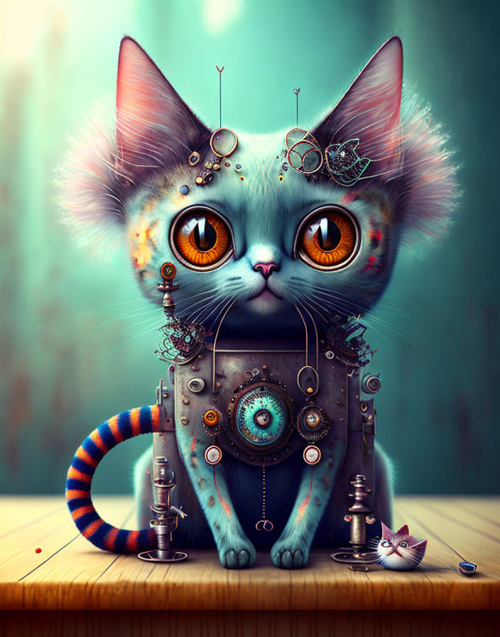 Illustration: Steampunk robot cat with orange eyes on wooden surface