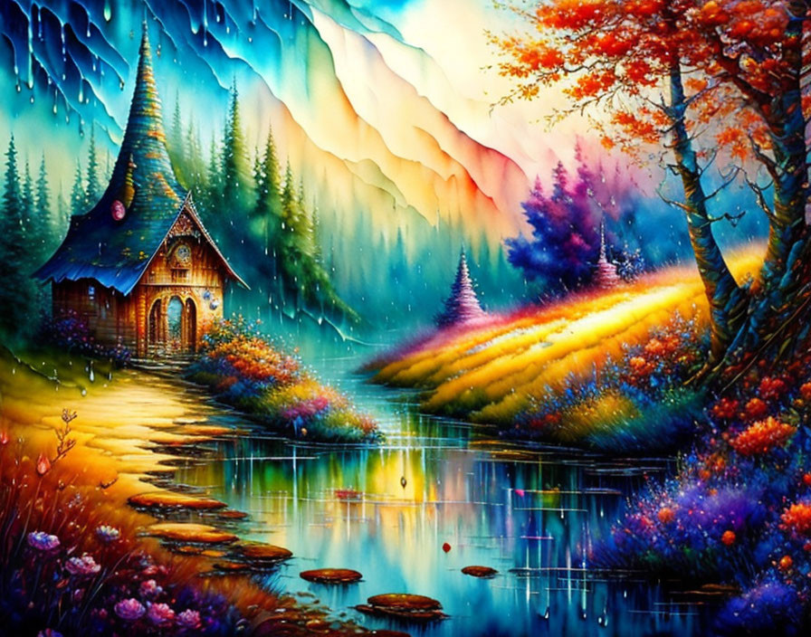 Colorful Trees & Cottage by Pond in Fantasy Landscape