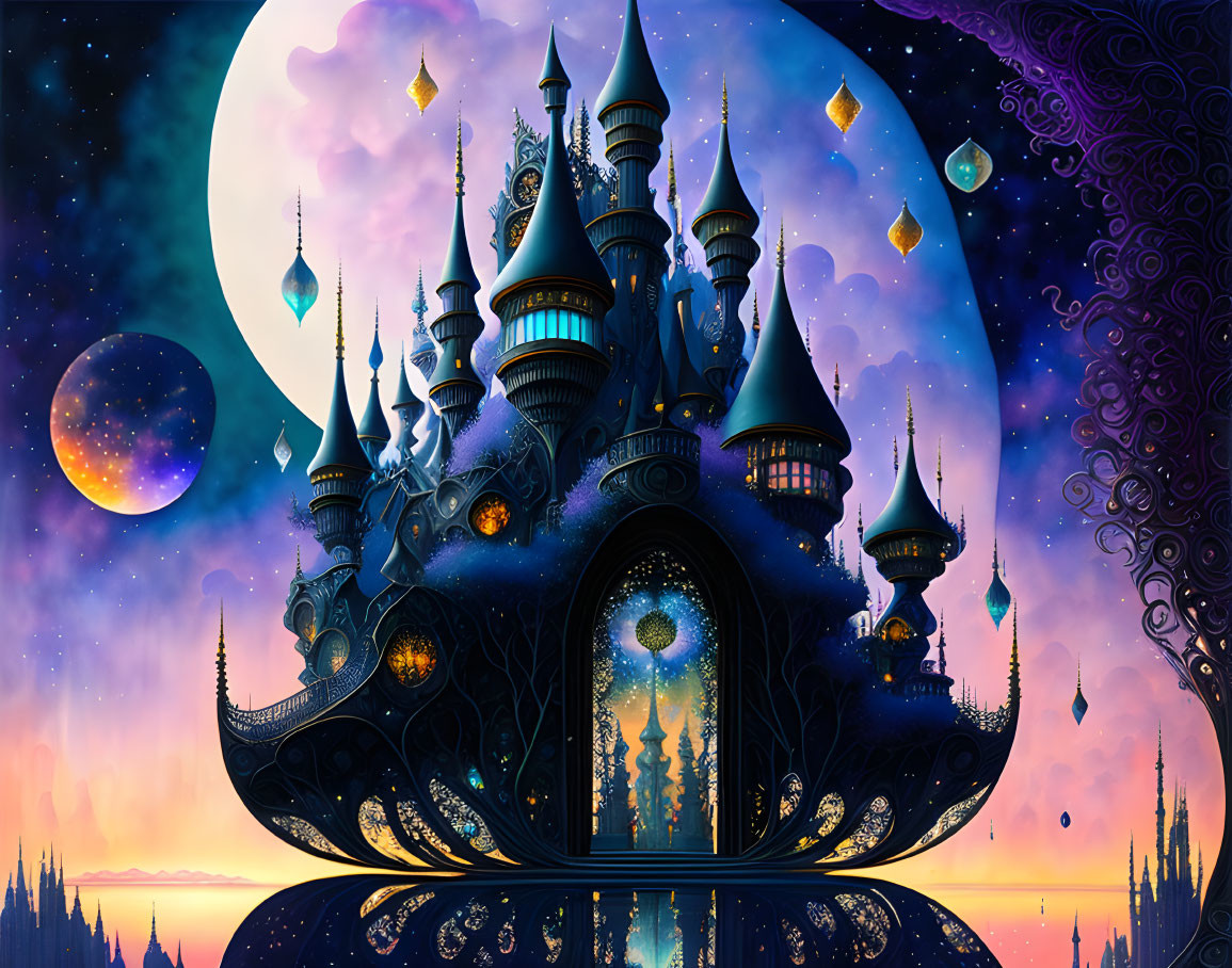 Fantasy castle with ornate spires under large moon on reflective surface against twilight sky.