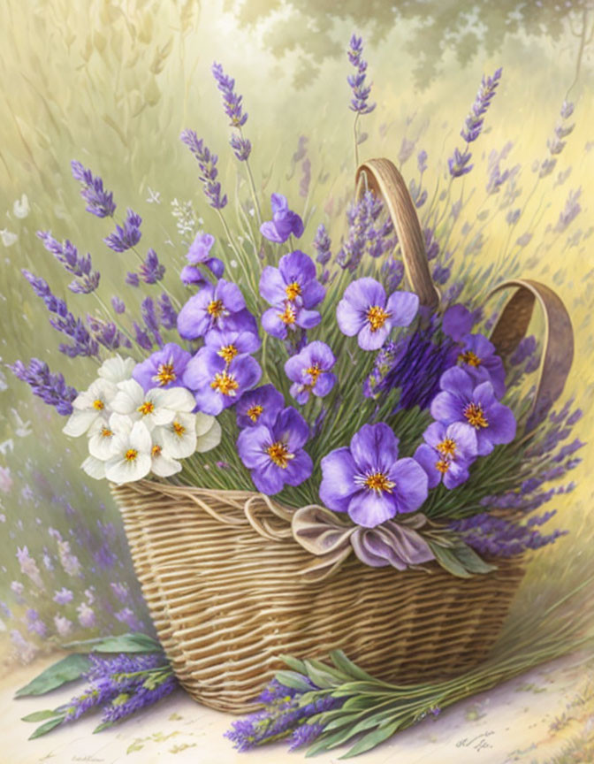 Illustration of Lavender-filled Wicker Basket on Pastel Background