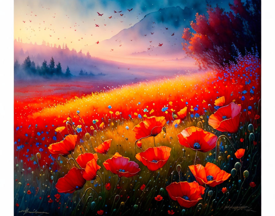 Red poppies field with misty forest and birds in dreamy setting