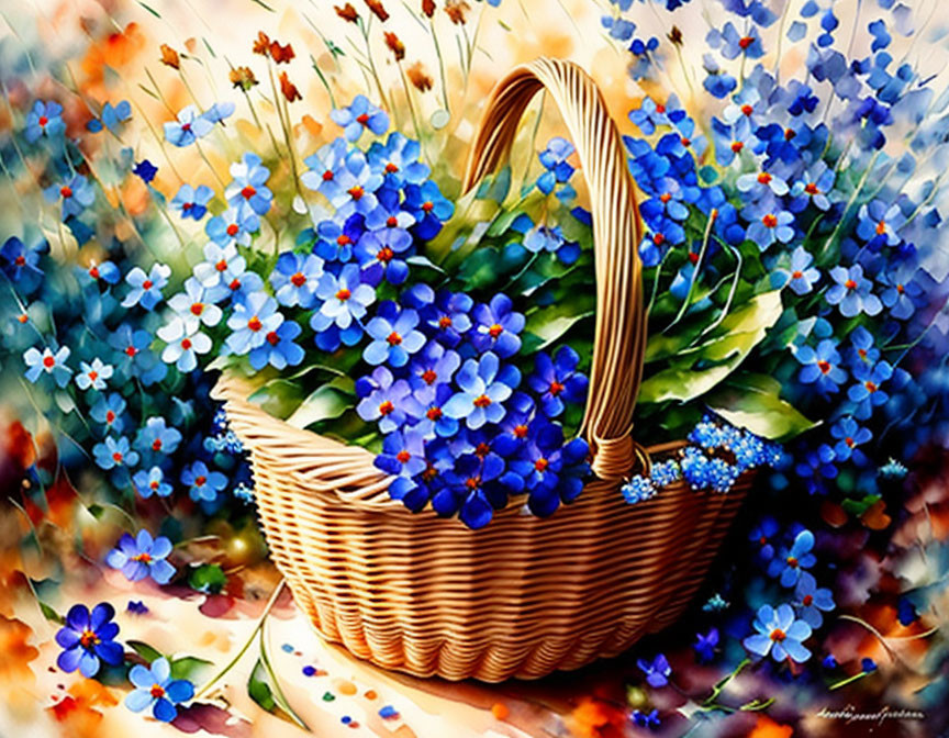 Colorful painting of wicker basket with blue flowers and wildflowers.