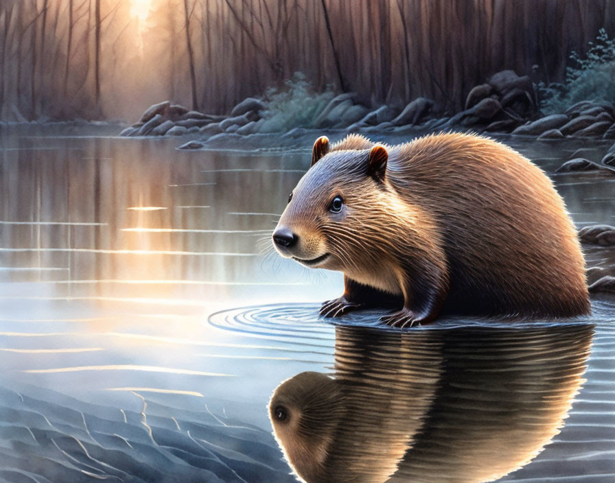 Beaver by Tranquil Forest Pond with Reflection and Sunlight Filtering Through Mist