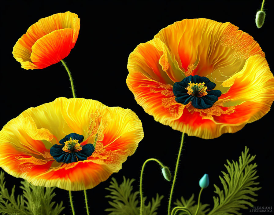 Bright orange-red poppies on black background with green foliage