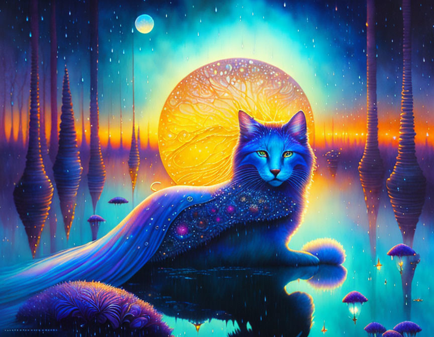 Surreal artwork: Majestic blue cat in cosmic forest under yellow moon