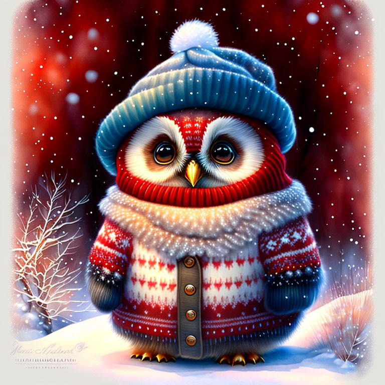 Chubby Owl in Winter Attire with Snowy Background