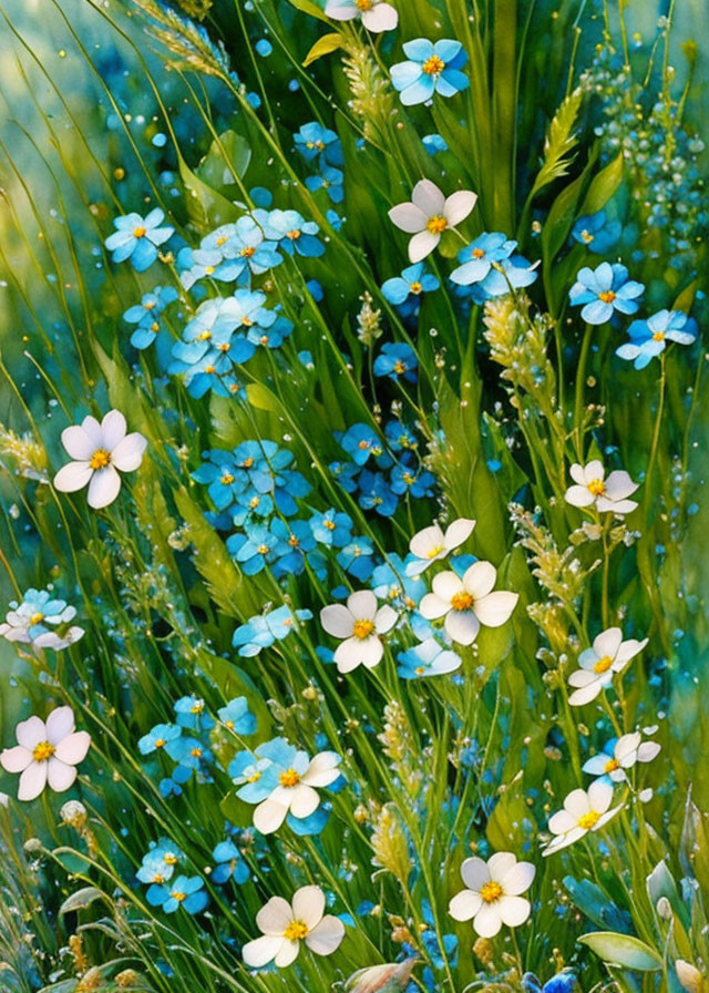 Blue and White Flowers in Lush Green Grass with Dewdrops