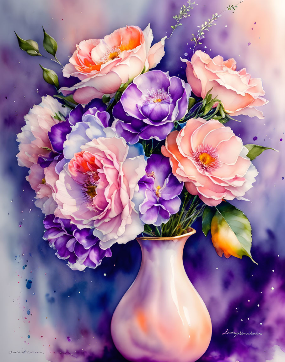 Pink and Purple Flower Bouquet in White Vase on Speckled Background