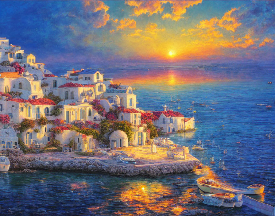 Scenic coastal village at sunset with white buildings, calm waters, boats, and blooming flowers in