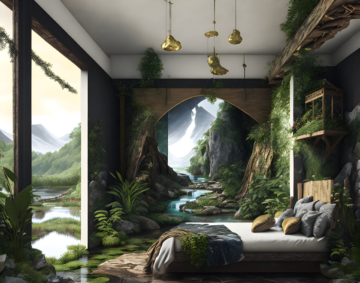 Luxurious bedroom with river view and nature-inspired decor