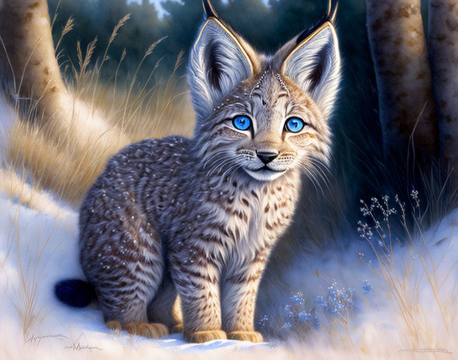 Lynx Kitten with Blue Eyes in Snowy Forest Scene