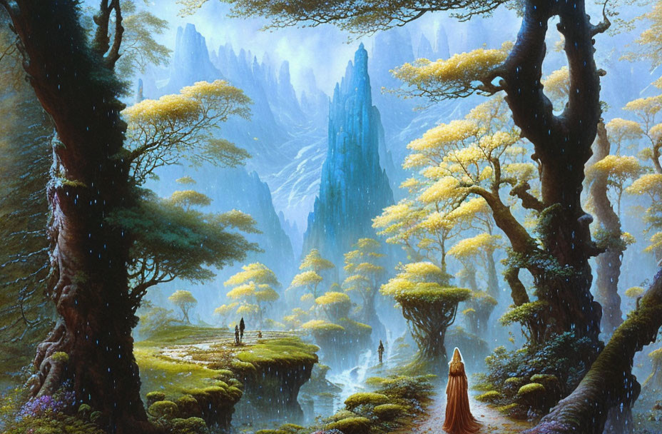 Majestic forest scene with towering trees and figure walking on path