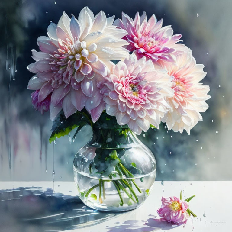 Pink and White Dahlias Bouquet in Clear Vase with Rainy Window Reflection